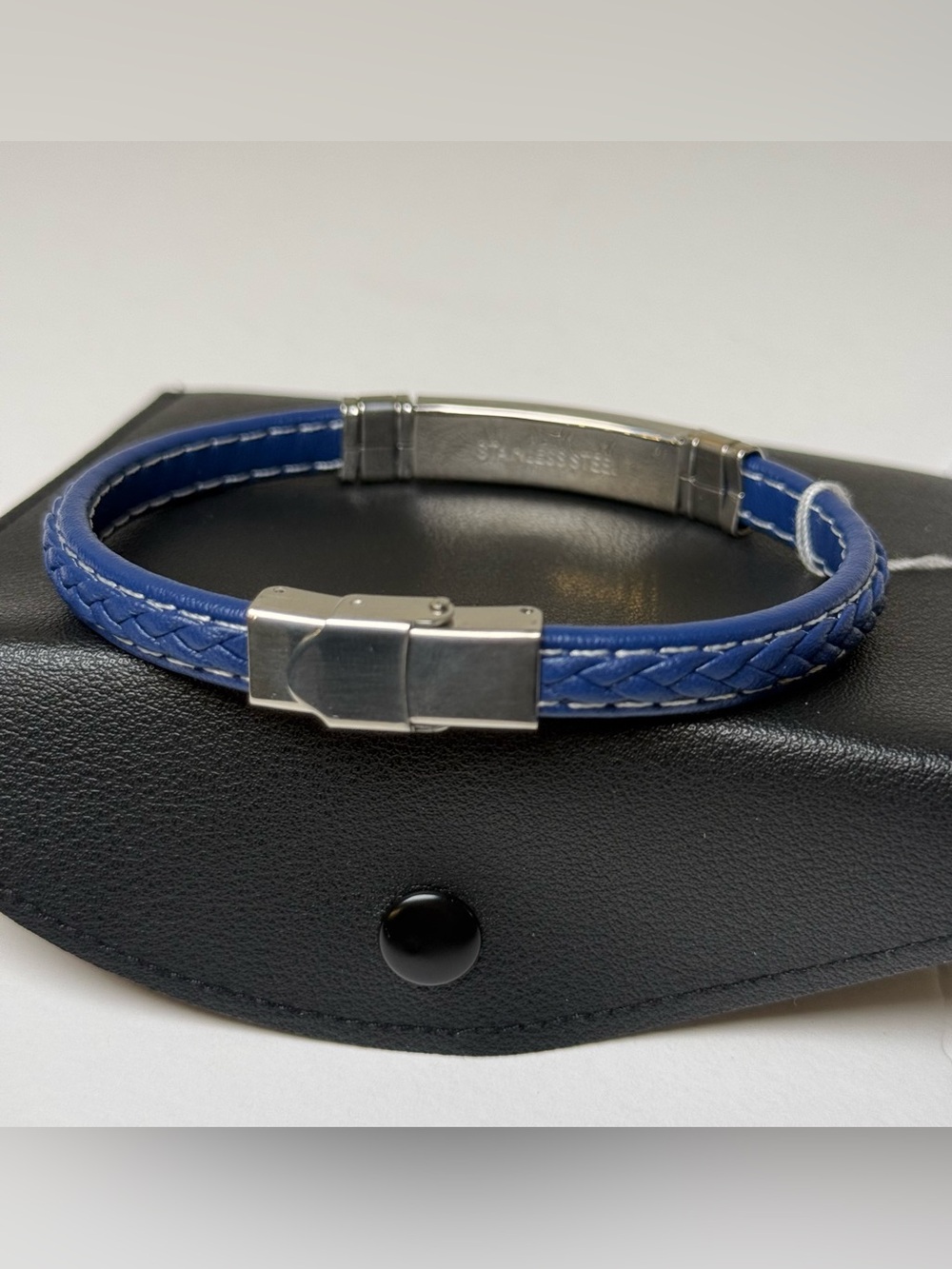 FILOBOKO Men’s Blue Leather Braided Bracelet w/ Stainless Steel Clasp - New